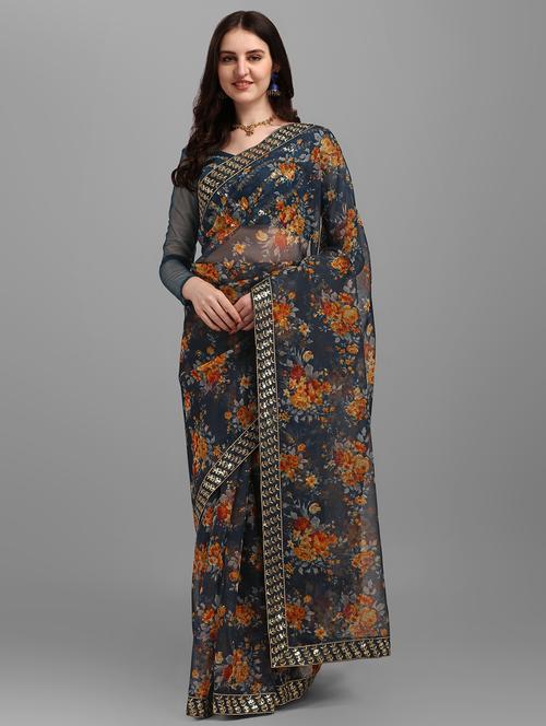 teal floral print saree with blouse - 18439156 - Standard Image - 1
