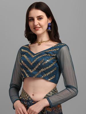 teal floral print saree with blouse - 18439156 - Standard Image - 3