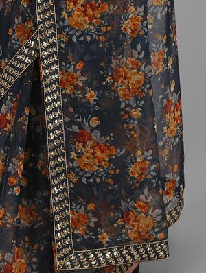 teal floral print saree with blouse - 18439156 - Standard Image - 4