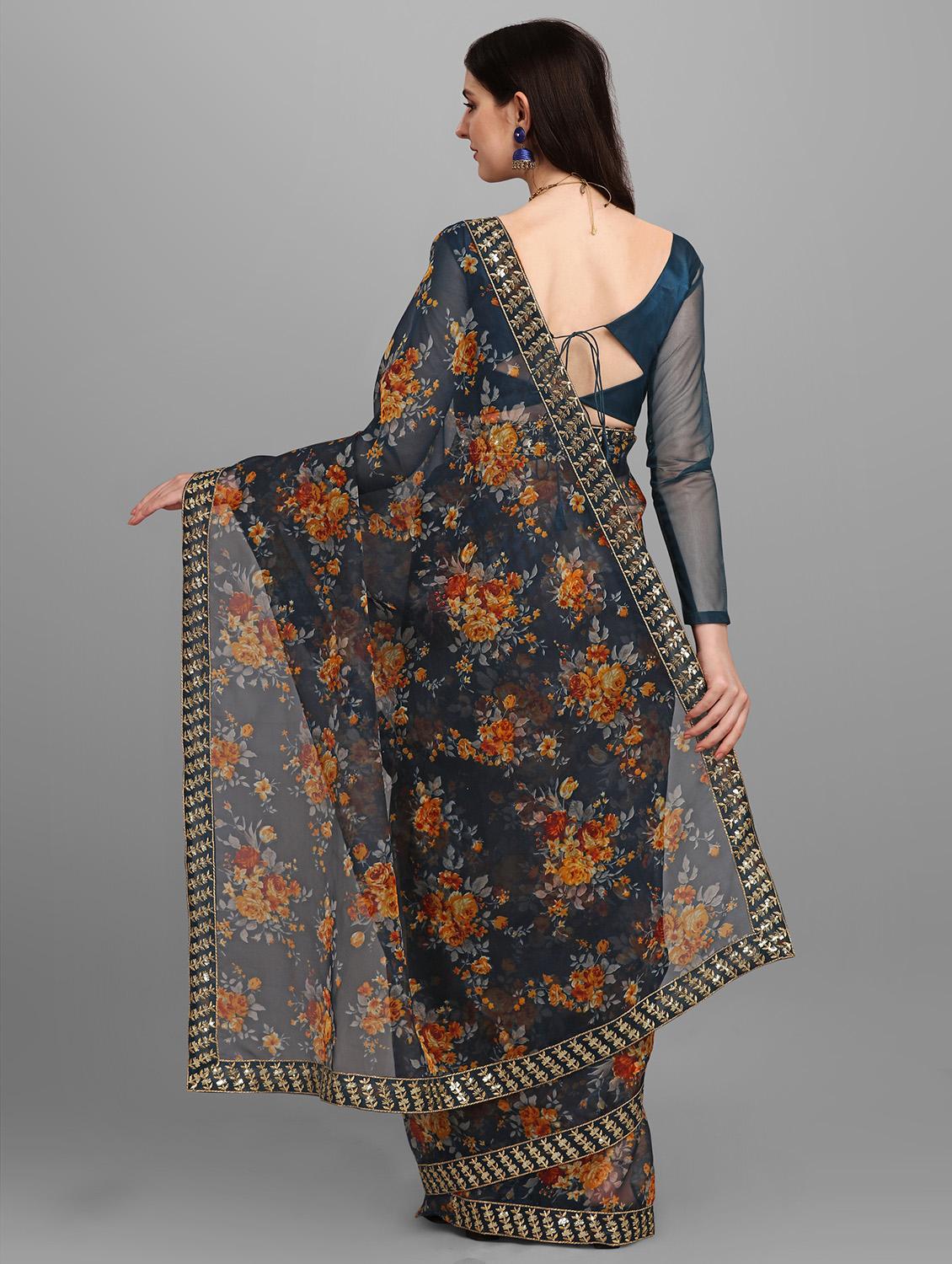 teal floral print saree with blouse - 18439156 - Zoom Image - 2