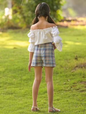 girls solid top with checkered shorts set - 18439327 - Standard Image - 2