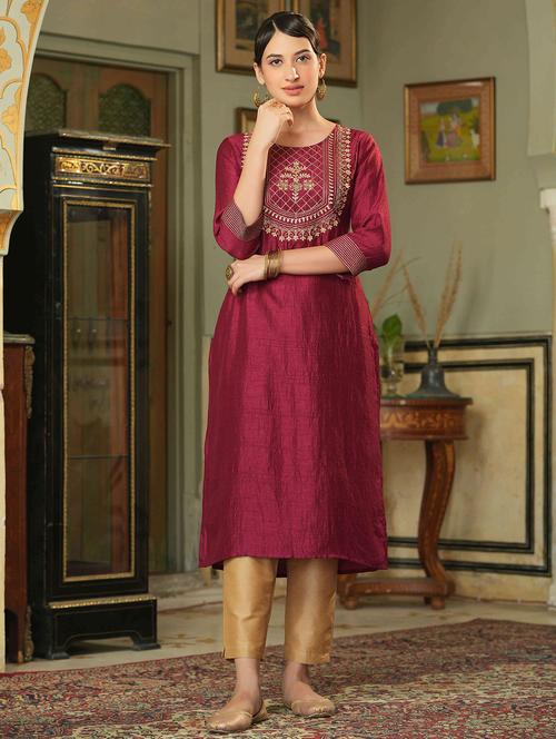 zari embroidered silk straight kurta - 18439909 - Standard Image - 1