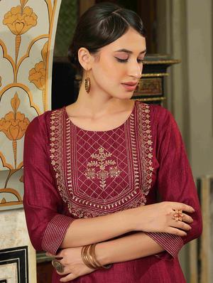 zari embroidered silk straight kurta - 18439909 - Standard Image - 4