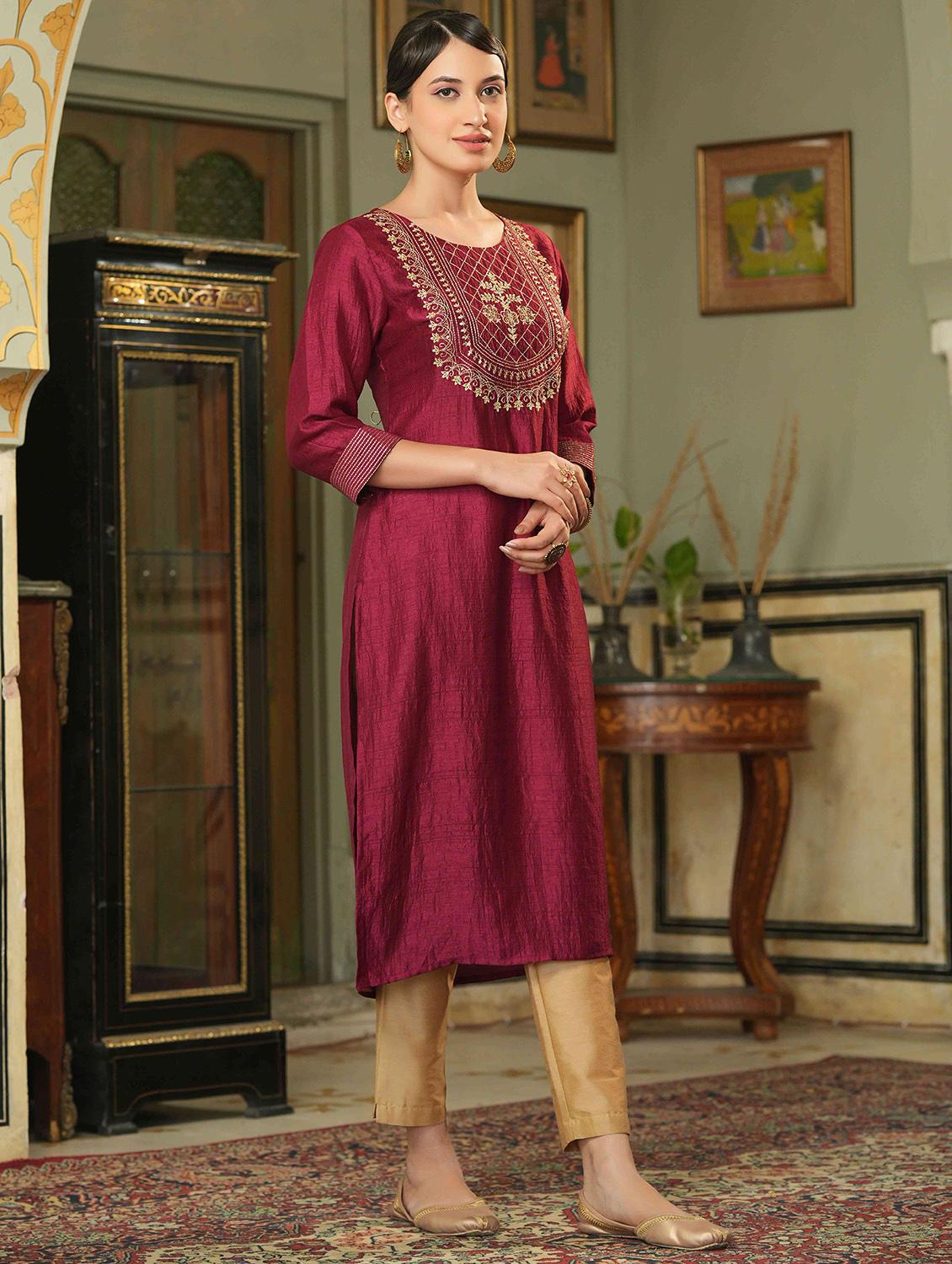 zari embroidered silk straight kurta - 18439909 - Zoom Image - 2