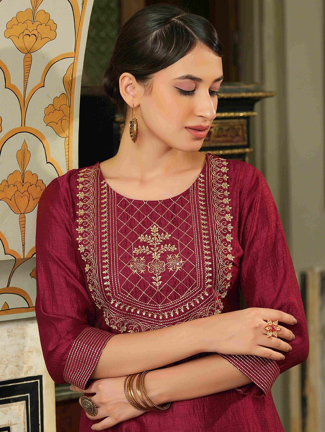 zari embroidered silk straight kurta - 18439909 - Zoom Image - 4