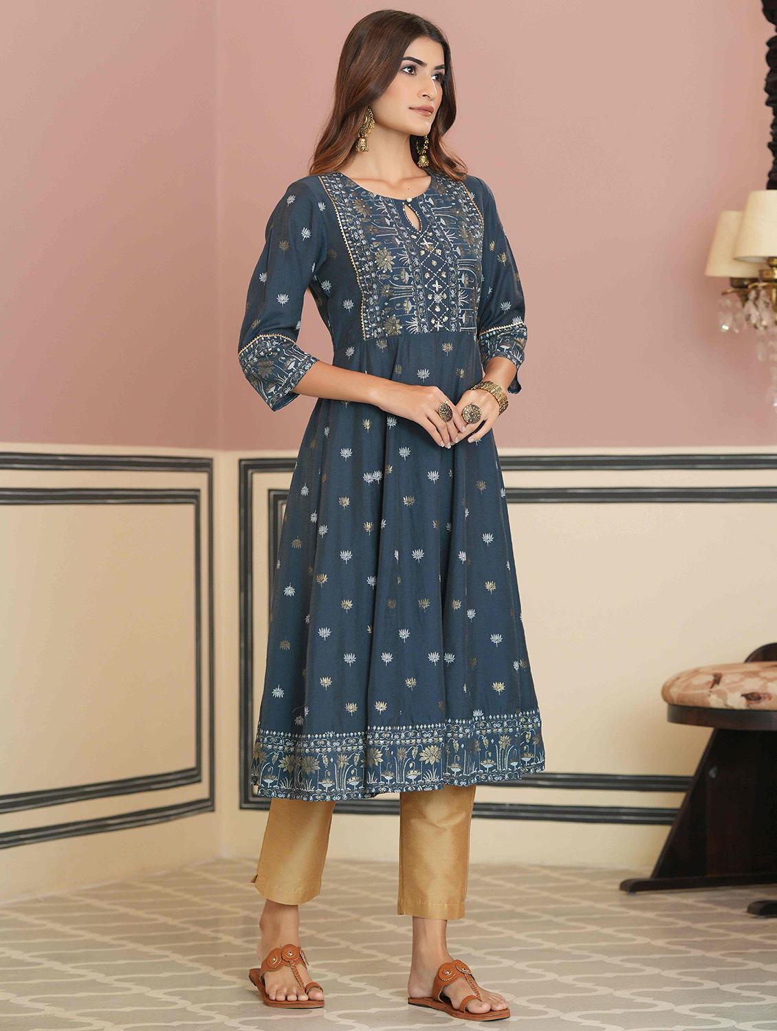 navy blur printed anarkali kurta - 18439916 - Zoom Image - 2