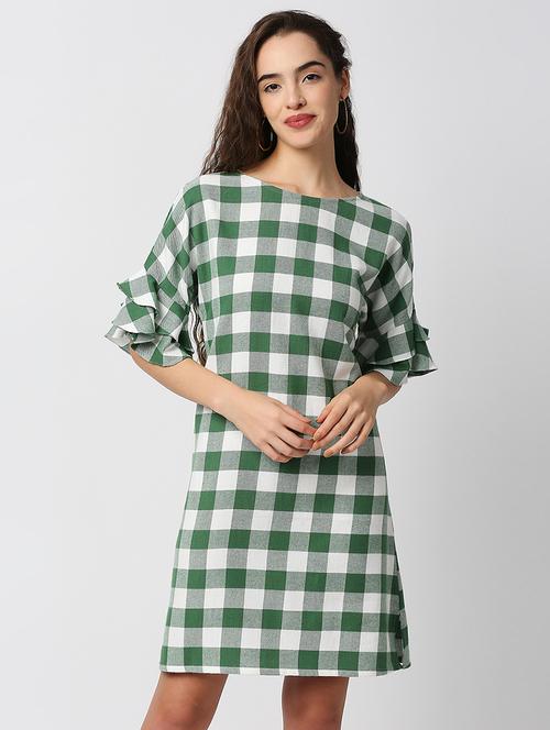 bell sleeved gingham checkered a-line dress - 18441785 - Standard Image - 1