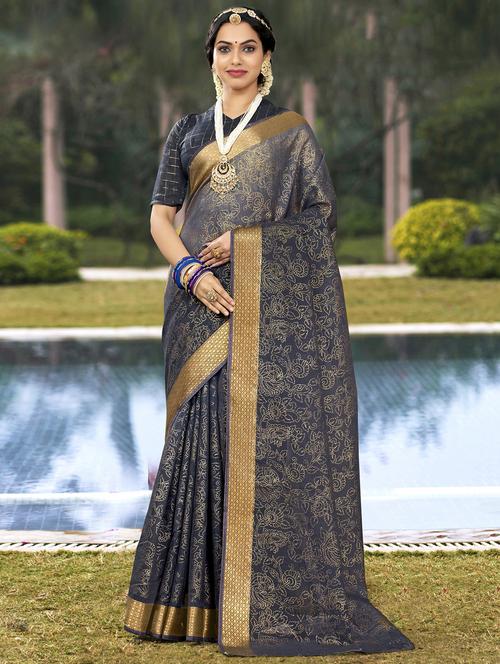 golden zari work printed saree with blouse - 18442138 - Very Small Image - 1