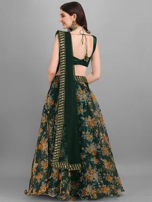 bottle green embroidered floral semi-stitched lehenga choli with dupatta - 18442374 - Standard Image - 3