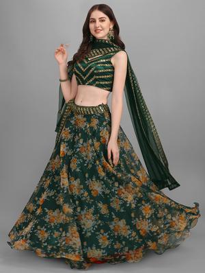 bottle green embroidered floral semi-stitched lehenga choli with dupatta - 18442374 - Standard Image - 4