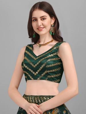 bottle green embroidered floral semi-stitched lehenga choli with dupatta - 18442374 - Standard Image - 5
