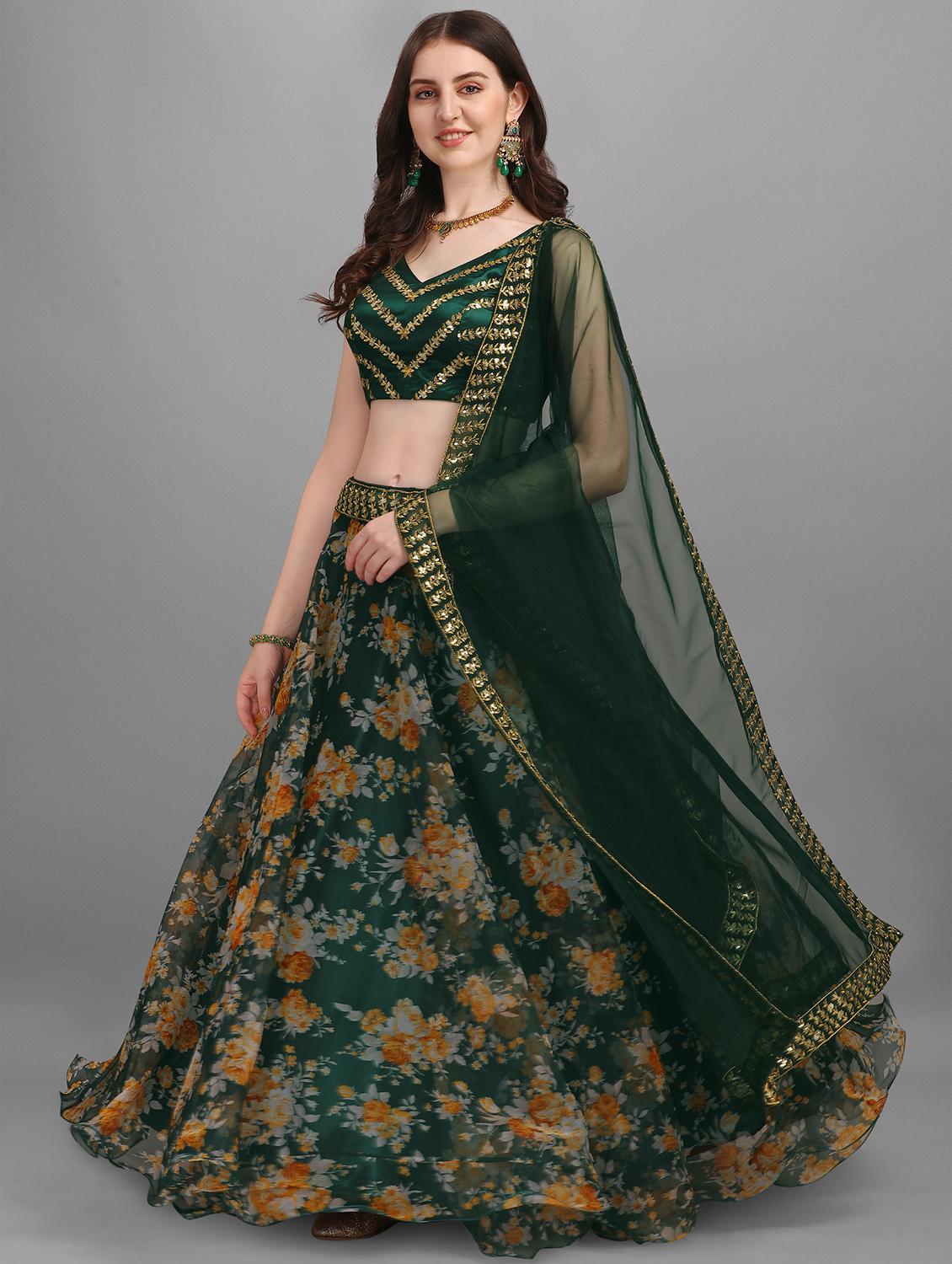 bottle green embroidered floral semi-stitched lehenga choli with dupatta - 18442374 - Zoom Image - 1