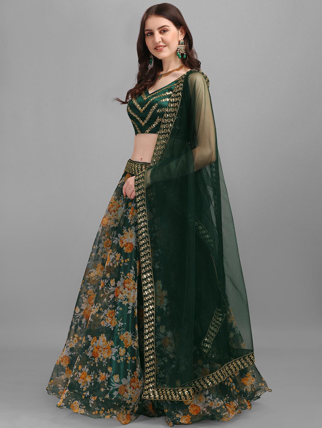 bottle green embroidered floral semi-stitched lehenga choli with dupatta - 18442374 - Zoom Image - 2