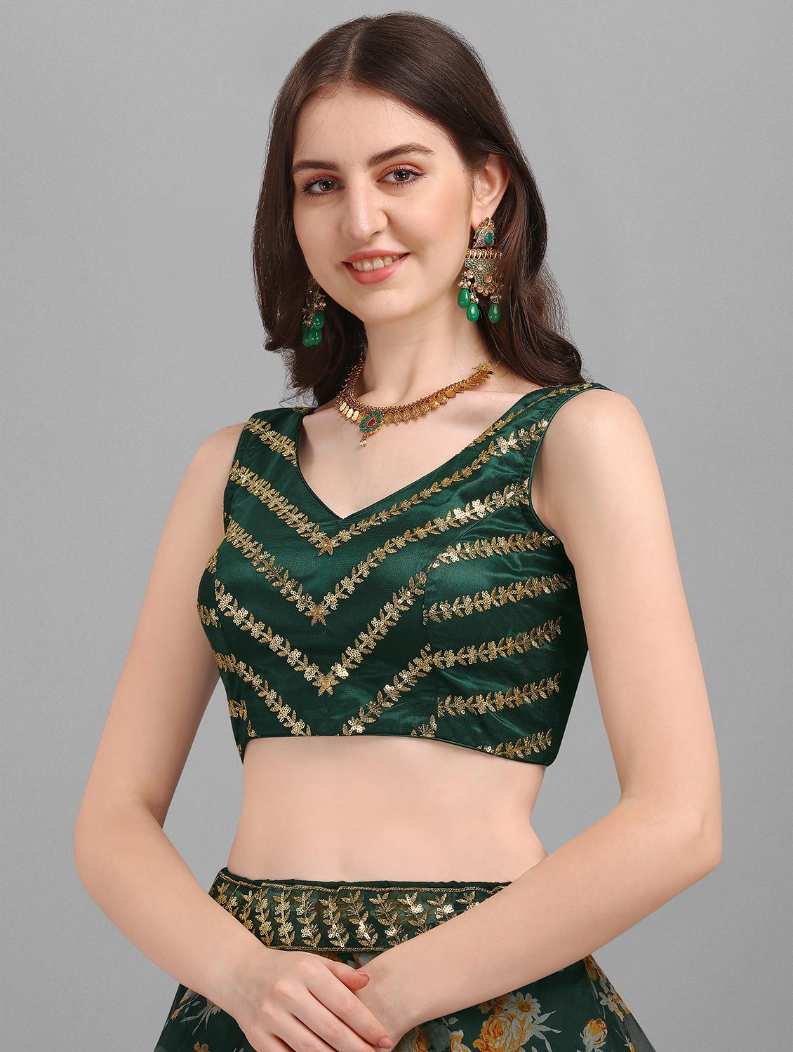 bottle green embroidered floral semi-stitched lehenga choli with dupatta - 18442374 - Zoom Image - 5