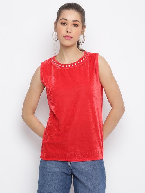 solid embellished neck regular top - 18443036 - Standard Image - 1