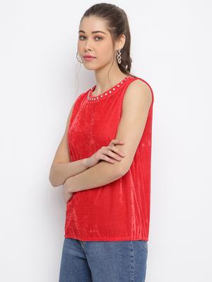 solid embellished neck regular top - 18443036 - Standard Image - 2