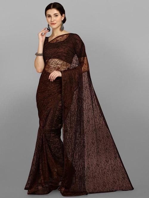 brown net embroidered saree with blouse - 18443502 - Standard Image - 1