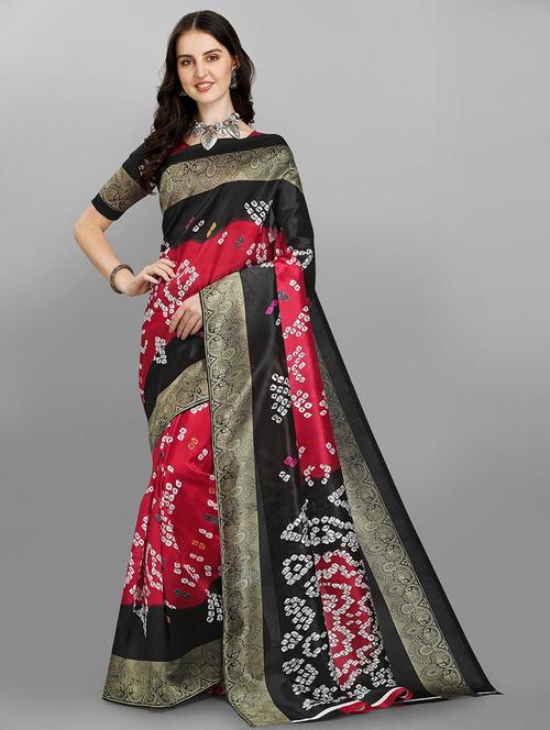 contrast bordered printed saree with blouse - 18443515 - Standard Image - 1