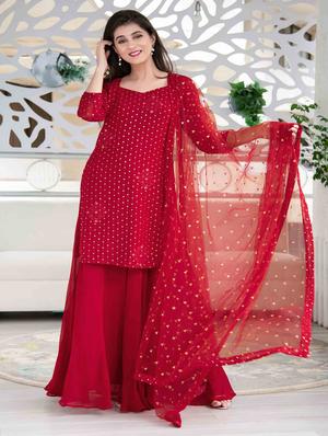embroidered semi-stitched sharara suit set - 18444339 - Standard Image - 2