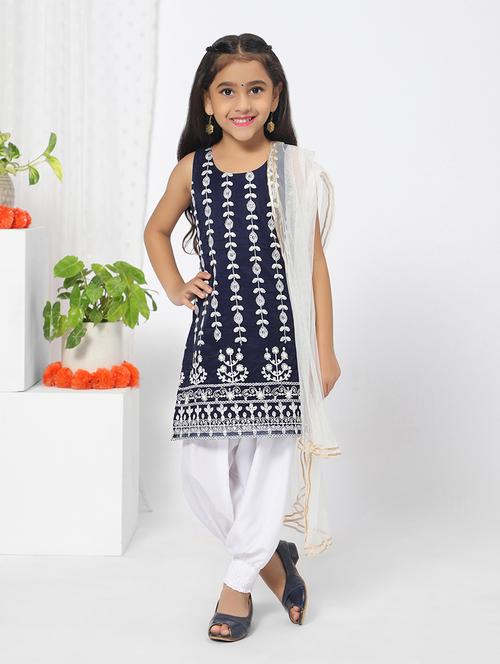 girl navy blue embroidered patiyala suit set with dupatta - 18444422 - Standard Image - 1