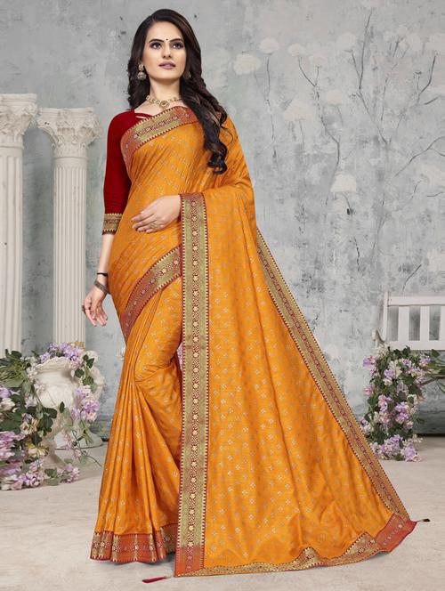 lace bordered foil printed saree with blouse - 18444776 - Standard Image - 1