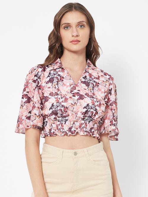 shirt collar printed crop top - 18445131 - Standard Image - 1