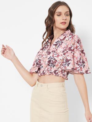 shirt collar printed crop top - 18445131 - Standard Image - 2