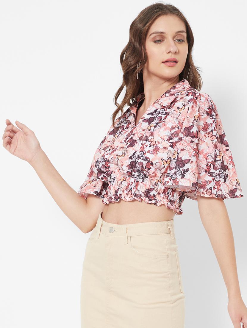 shirt collar printed crop top - 18445131 - Zoom Image - 2
