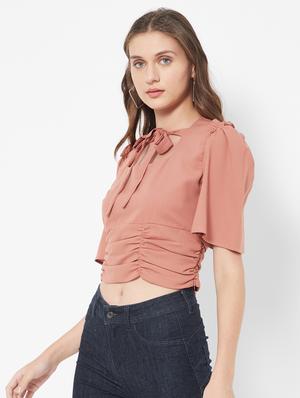 tie up neck solid crop top - 18445184 - Standard Image - 2