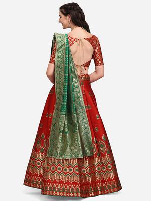 red banarasi semi-stitched lehenga choli with dupatta - 18445492 - Standard Image - 3