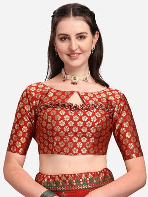 red banarasi semi-stitched lehenga choli with dupatta - 18445492 - Standard Image - 4