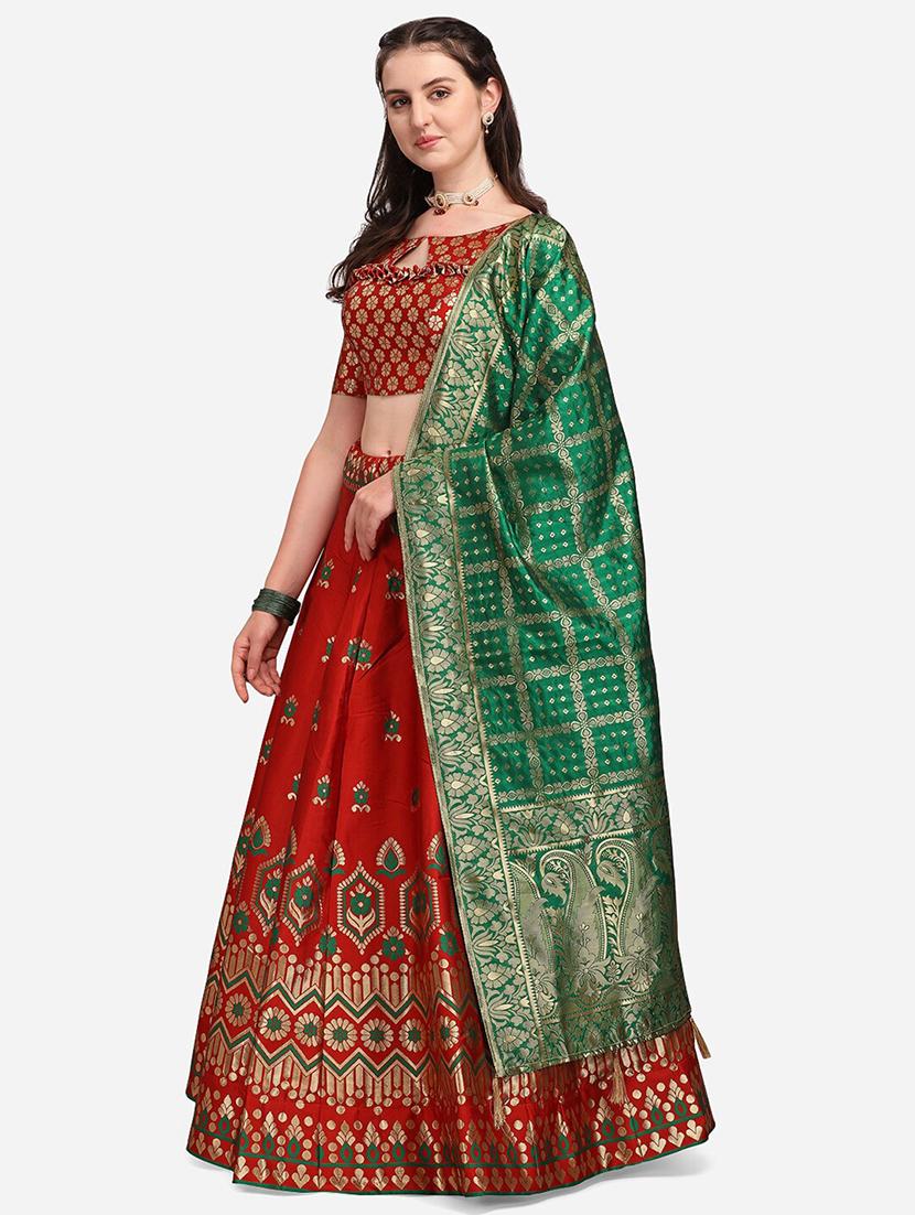 red banarasi semi-stitched lehenga choli with dupatta - 18445492 - Zoom Image - 2