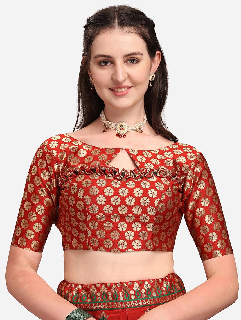 red banarasi semi-stitched lehenga choli with dupatta - 18445492 - Zoom Image - 4