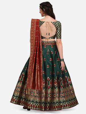 bottle green banarasi semi-stitched lehenga choli with dupatta - 18445493 - Standard Image - 3