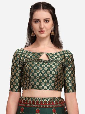 bottle green banarasi semi-stitched lehenga choli with dupatta - 18445493 - Standard Image - 4