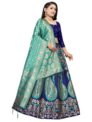 blue banarasi semi-stitched lehenga choli with dupatta - 18445497 - Standard Image - 3