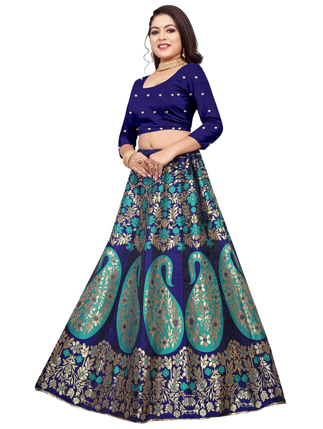 blue banarasi semi-stitched lehenga choli with dupatta - 18445497 - Zoom Image - 2
