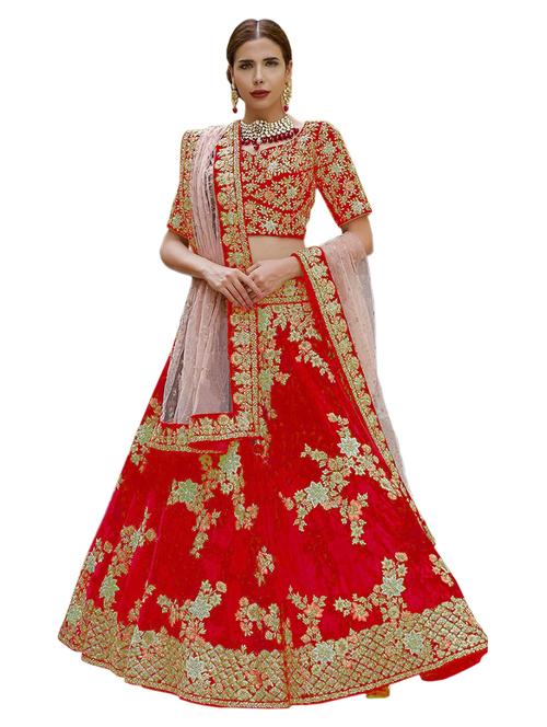 red embroidered semi-stitched lehenga choli with dupatta - 18445508 - Standard Image - 1