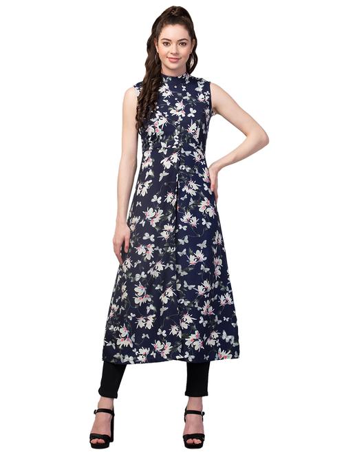 navy-blue printed a-line dress - 18445601 - Standard Image - 1