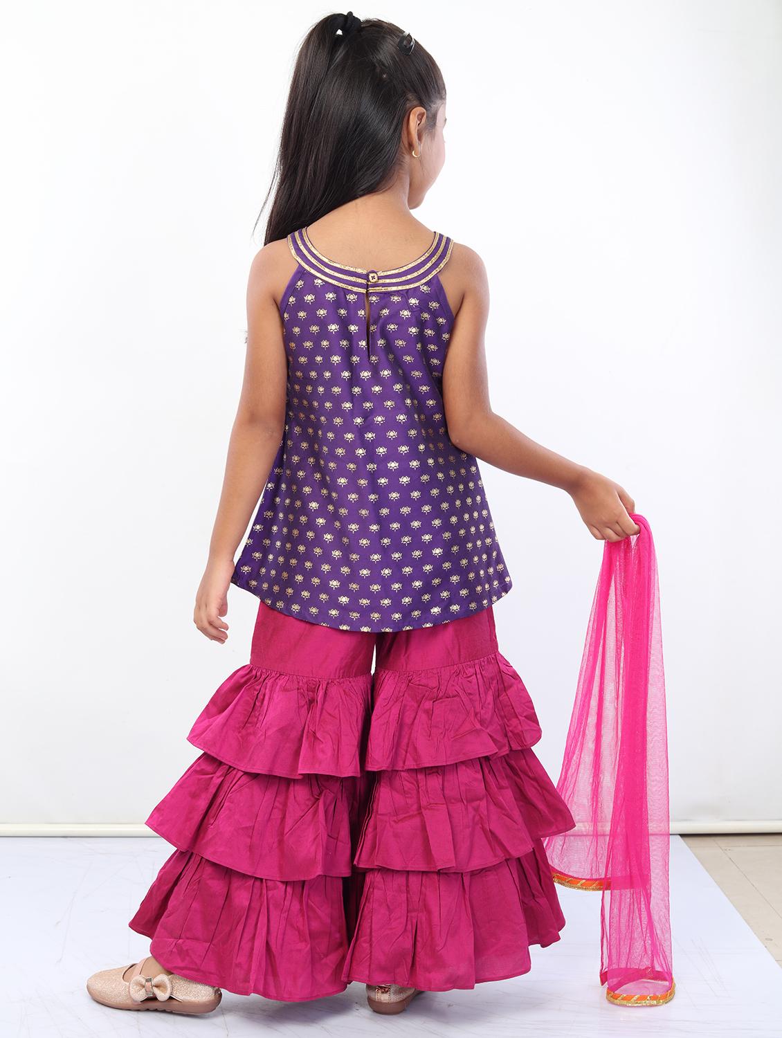 girls purple printed kurta sharara set with dupatta - 18445805 - Zoom Image - 3