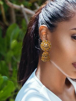 one gram gold plated mirror crystal jhumka designer trendy ethnic earrings - 18446276 - Standard Image - 4