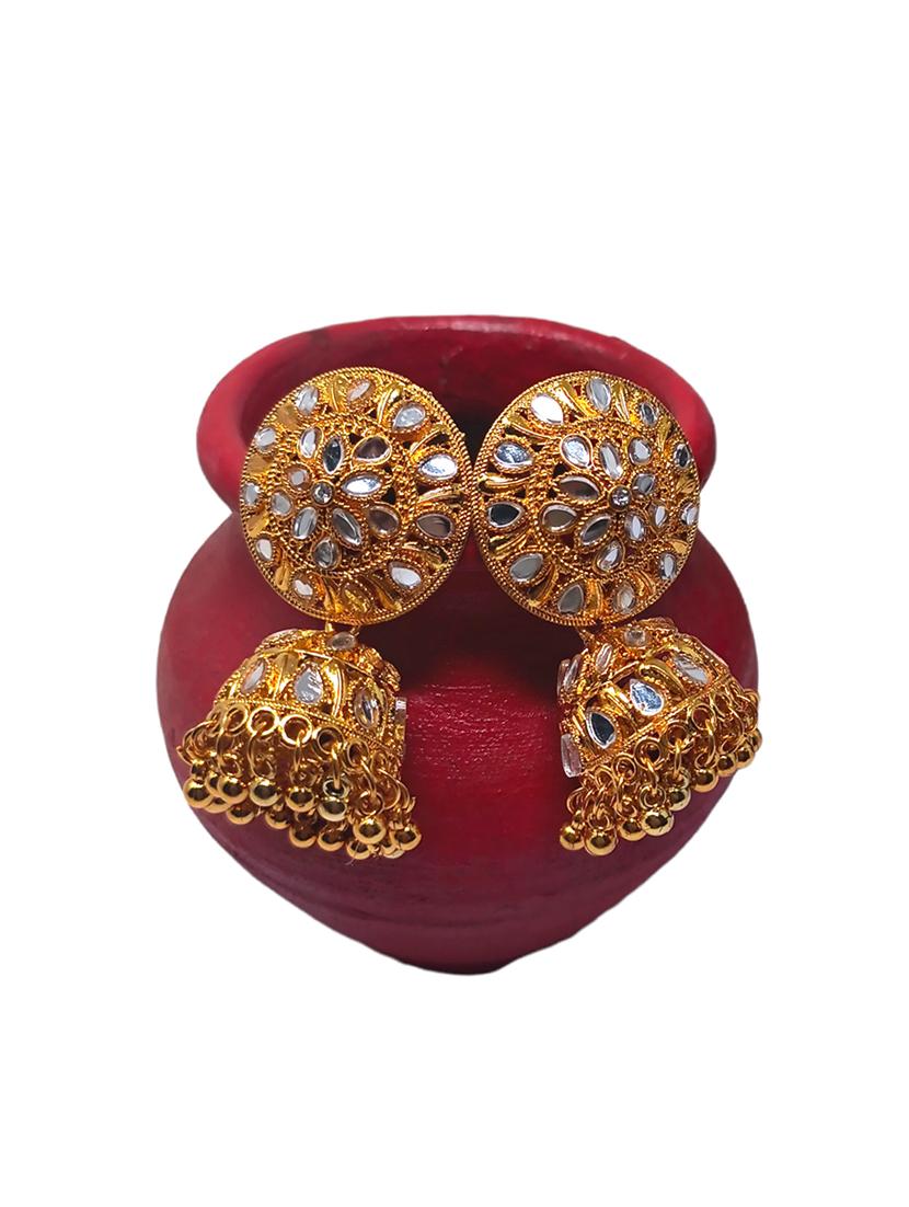 one gram gold plated mirror crystal jhumka designer trendy ethnic earrings - 18446276 - Zoom Image - 3