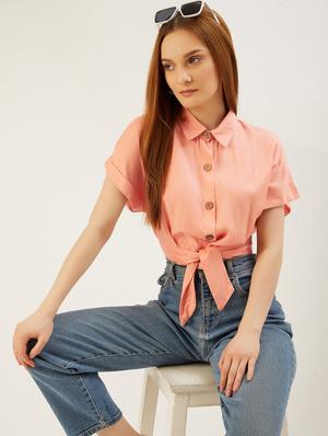 tie front solid crop shirt - 18447028 - Standard Image - 4