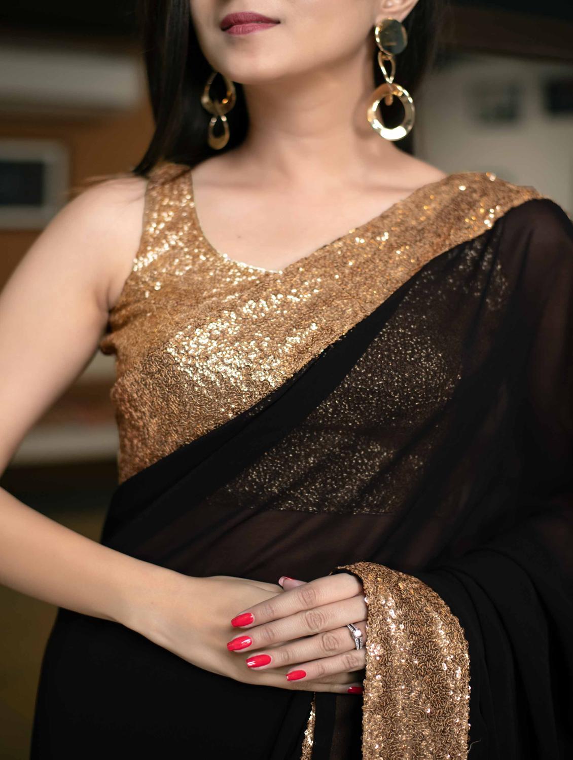 solid bordered sequined saree with blouse - 18447400 - Zoom Image - 6