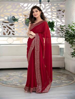 solid bordered sequined saree with blouse - 18447401 - Standard Image - 3