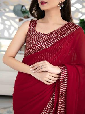 solid bordered sequined saree with blouse - 18447401 - Standard Image - 6