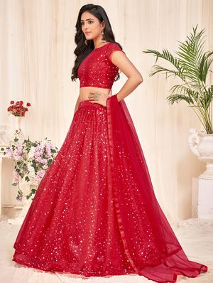 charming red embellished semi- stitched lehenga with dupatta - 18447910 - Standard Image - 2