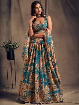 turquoise embroidered semi-stitched flared lehenga choli set with dupatta - 18448695 - Standard Image - 4