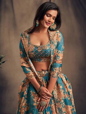 turquoise embroidered semi-stitched flared lehenga choli set with dupatta - 18448695 - Standard Image - 5