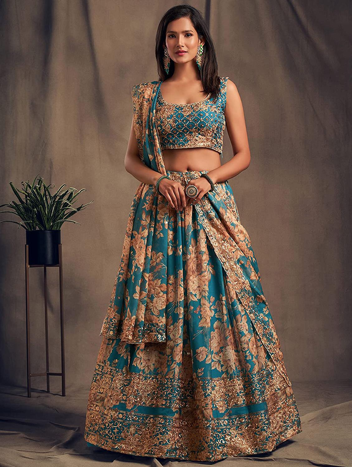 turquoise embroidered semi-stitched flared lehenga choli set with dupatta - 18448695 - Zoom Image - 1
